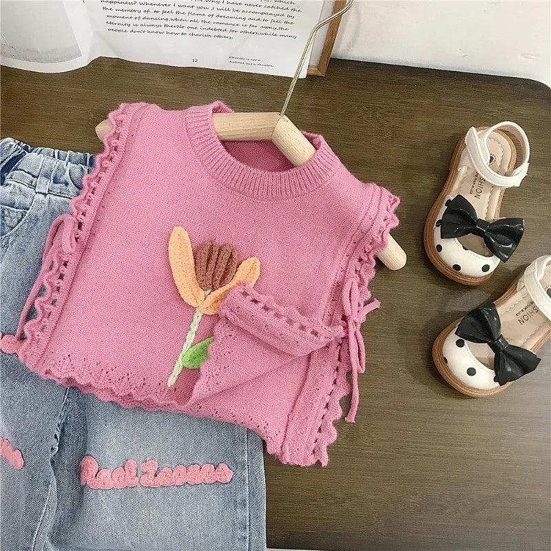 Children's Clothing sets 2 - 7 Years Pink Knitted Waistcoat + Jeans Summer Outfit Toddler Infant Clothing Set Kids Wear - Kenner House Emporium