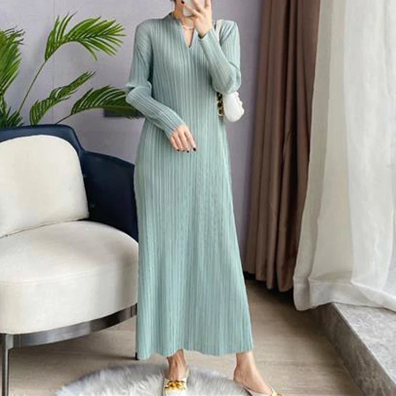 Pleated Dress Women's Long Sleeve Spring and Autumn 2023 New V - Neck Bottom Skirt Slim Fit Long Dress - Kenner House Emporium