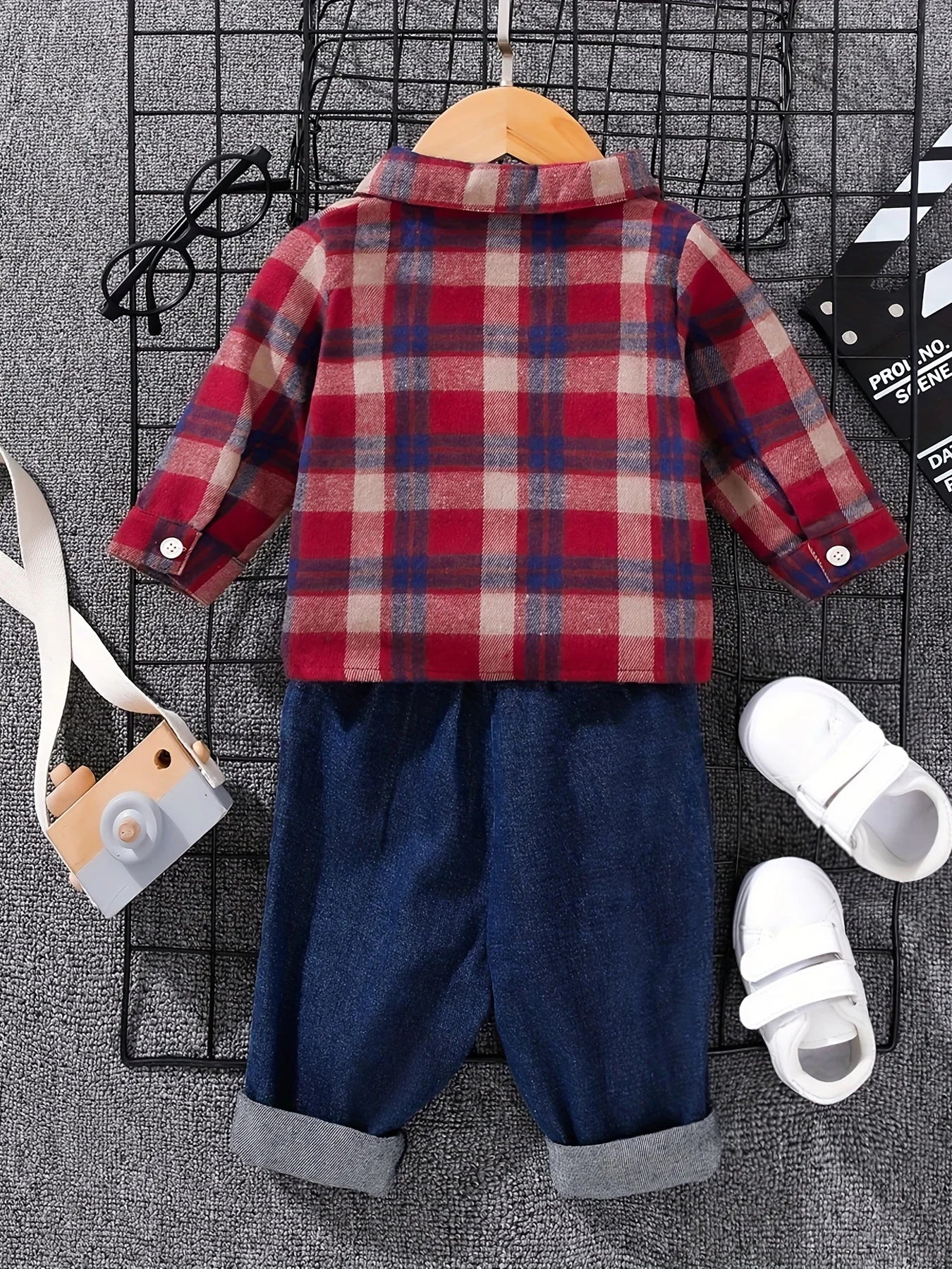 Boys' Spring Autumn Tartan Polo Shirt + - denim Long Trousers Two - piece Casual Outfit Boys Tweed Check Shirt - Kenner House Emporium