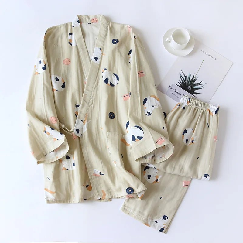 2023 Japanese - style kimono pajamas set seven - sleeve female spring and autumn 100% cotton gauze home clothes cute sweet 2 - piece - Kenner House Emporium