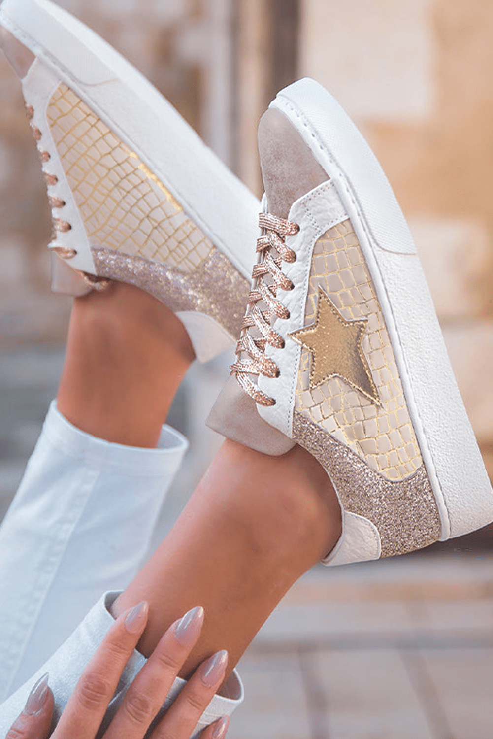 Gold Glitter Star Patchwork PU Leather Lace - up Sneakers - Kenner House Emporium