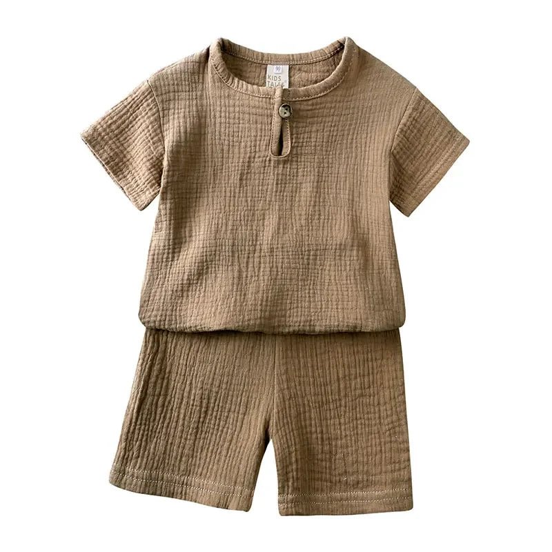Cotton Linen Kids Clothes Girls Outfit Summer Boy Clothing Sets Solid Color Short Sleeve Tops Shorts Children Clothing 2 - 7 Years - Kenner House Emporium