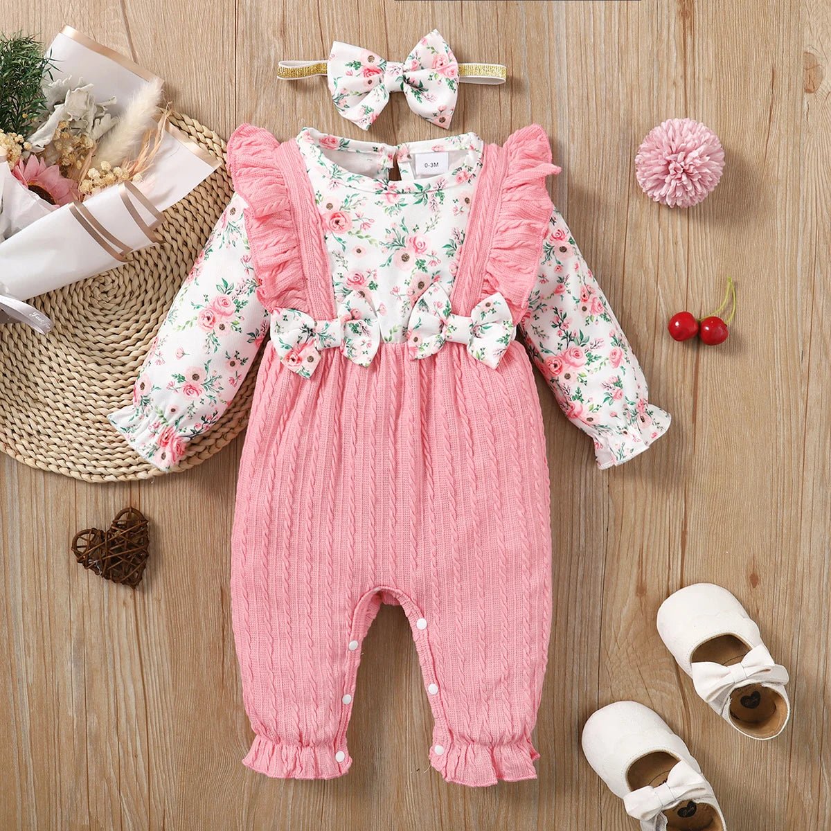 0 - 18 Months Newborn Baby Girl Romper Cute Floral Long Sleeve with Bow Bodysuit+Headband Infant Girl Spring&Autumn Jumpsuit - Kenner House Emporium
