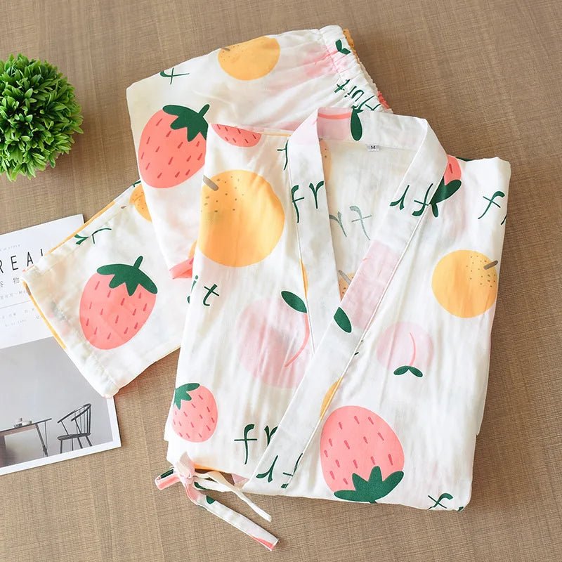 2023 Japanese - style kimono pajamas set seven - sleeve female spring and autumn 100% cotton gauze home clothes cute sweet 2 - piece - Kenner House Emporium