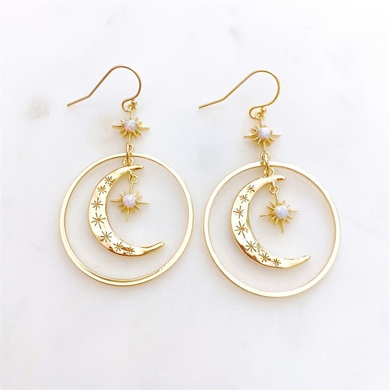 Elegant Boho - Chic Golden - Tone Moonstone Dangle Earrings for Women - Crescent Moon with Star Motifs, Zinc Alloy, Perfect for Daily Wear & Parties, Moon Earrings - Kenner House Emporium