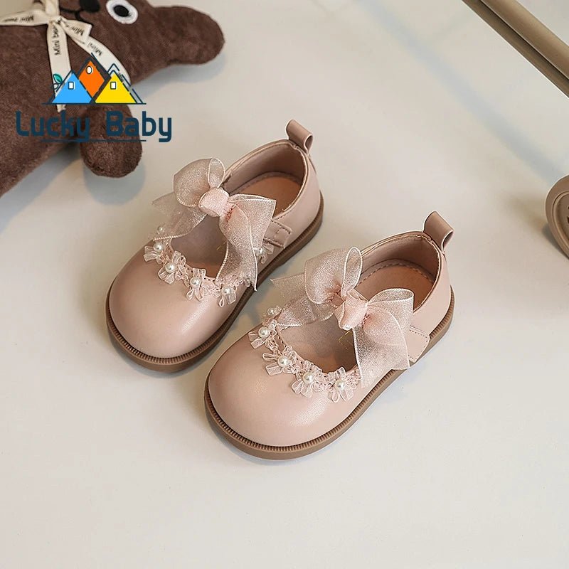 Baby Girls Leather Shoes for Wedding Party Princess Kids Flat Mary Janes Lace Bowtie with Beading 2025 Spring Children Flats New - Kenner House Emporium