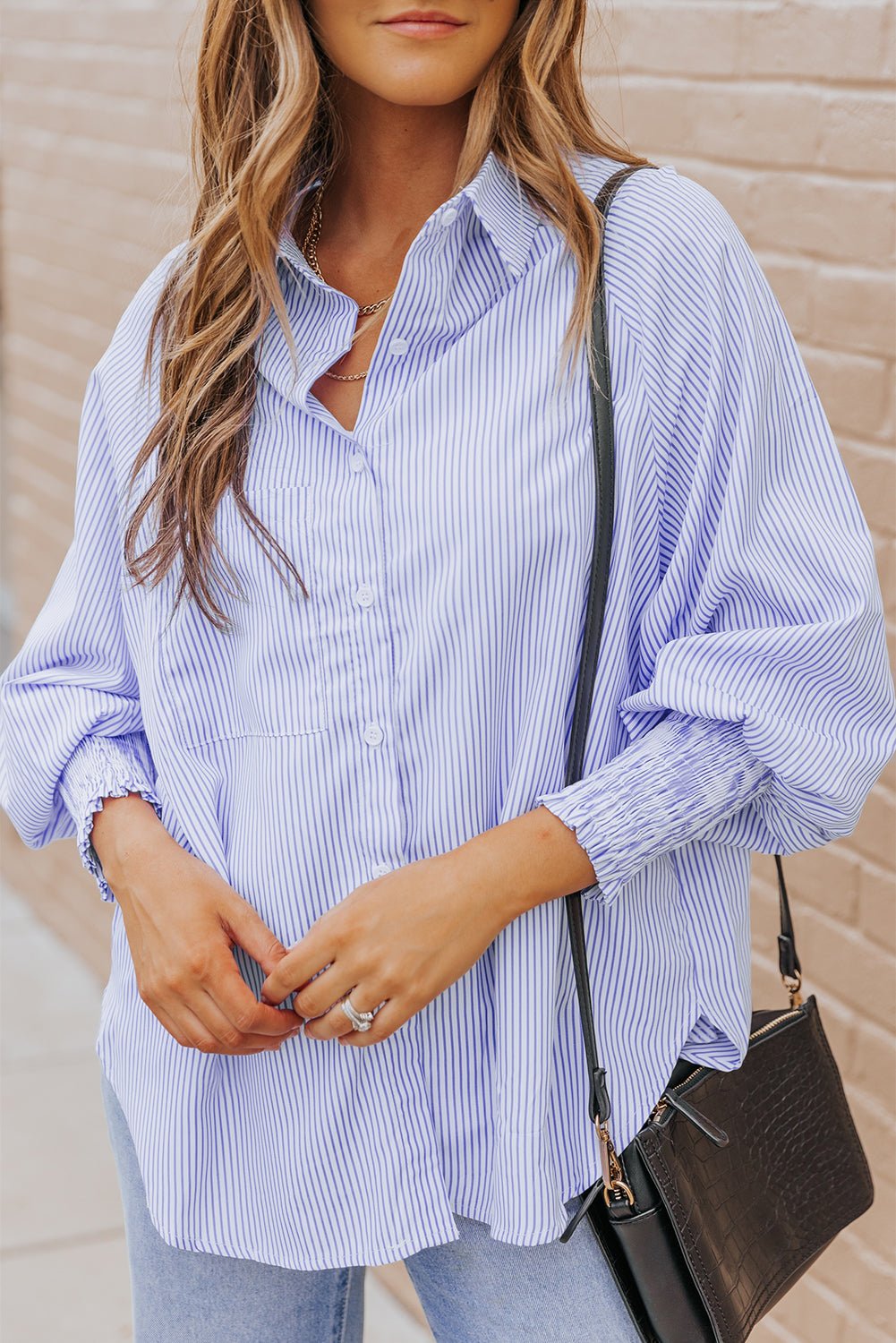 Light Blue Casual Striped Shirred Cuffs Shirt - Kenner House Emporium