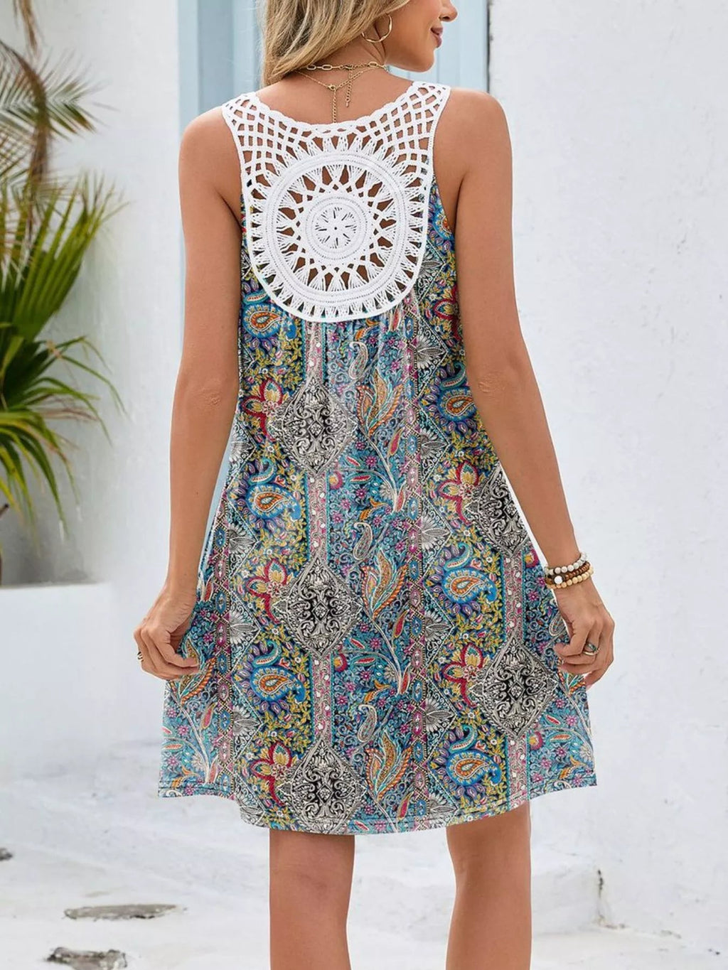 Floral Print V - Neck Crochet Back Mini Dress - Kenner House Emporium