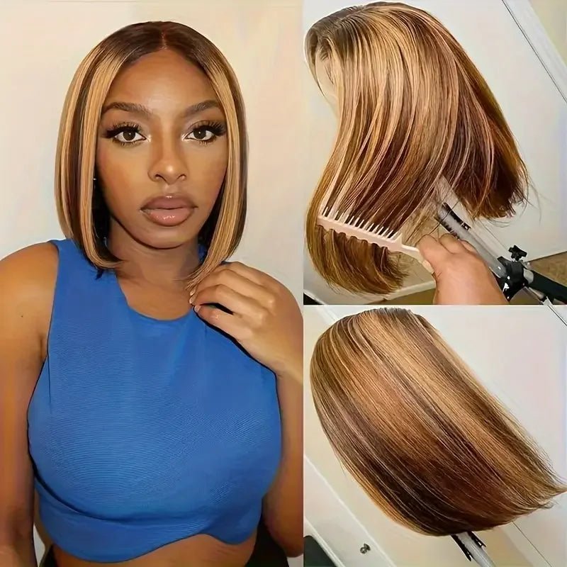 100% Human Hair Wigs 13x4 Lace Human Hair Lace Frontal Wig Ready Wear Bob Wigs 220Density For Black Women 4/27 Color Gold - Kenner House Emporium