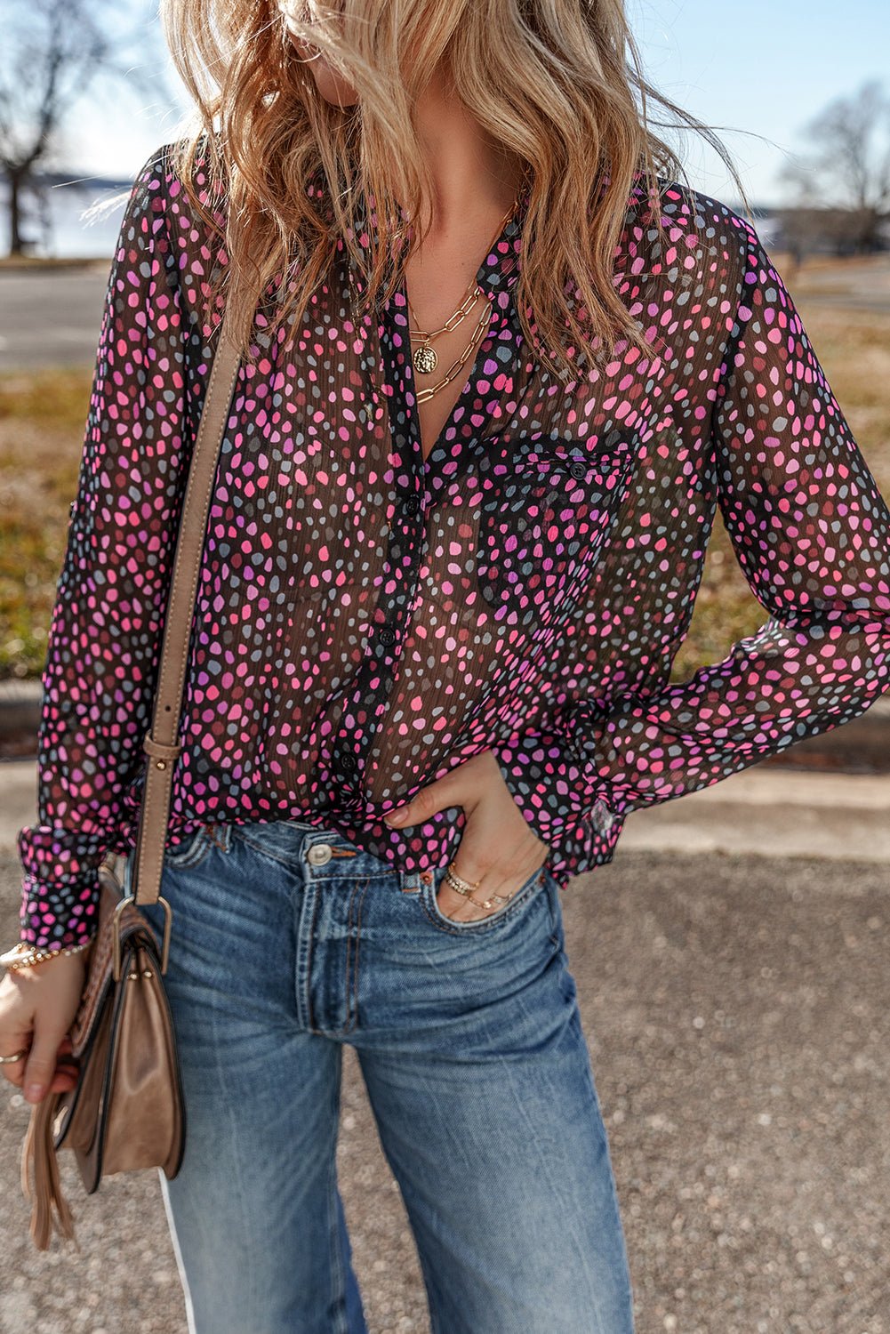 Grape Wine Polka Dot Print Buttoned Shirt - Kenner House Emporium