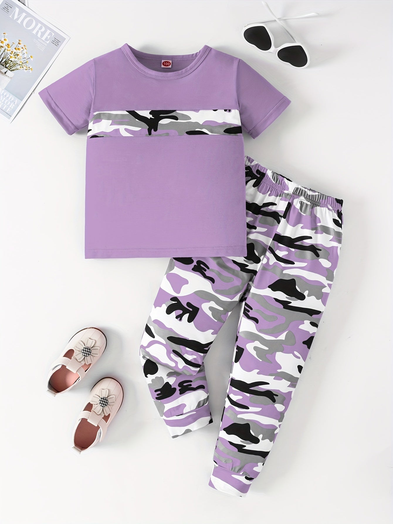 2pcs Girls' Camo Pattern Outfits Set - Casual Short Sleeve T-shirt + Pants, Machine Washable Polyester with Slight Stretch - Spring/Summer/Fall Essentials | Color Block Design | Random Printing - Kenner House Emporium