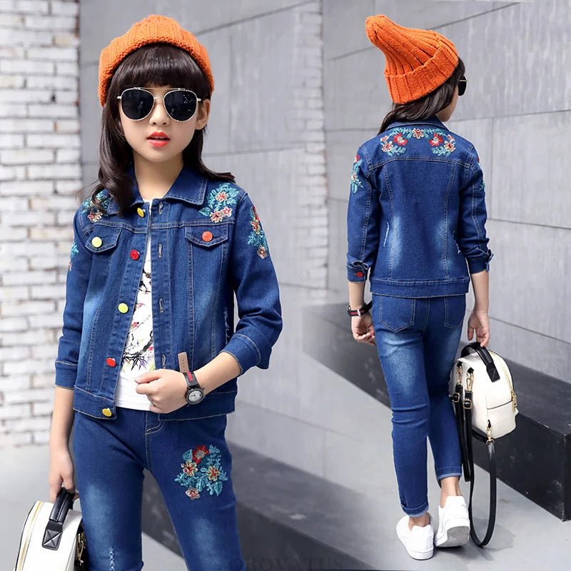 Fashion Kids Girl Denim 2 Piece Set Jacket and Jeans Embroidery Flower Jeans Jacket and Pants Set Child Vintage Spring Clothes - Kenner House Emporium