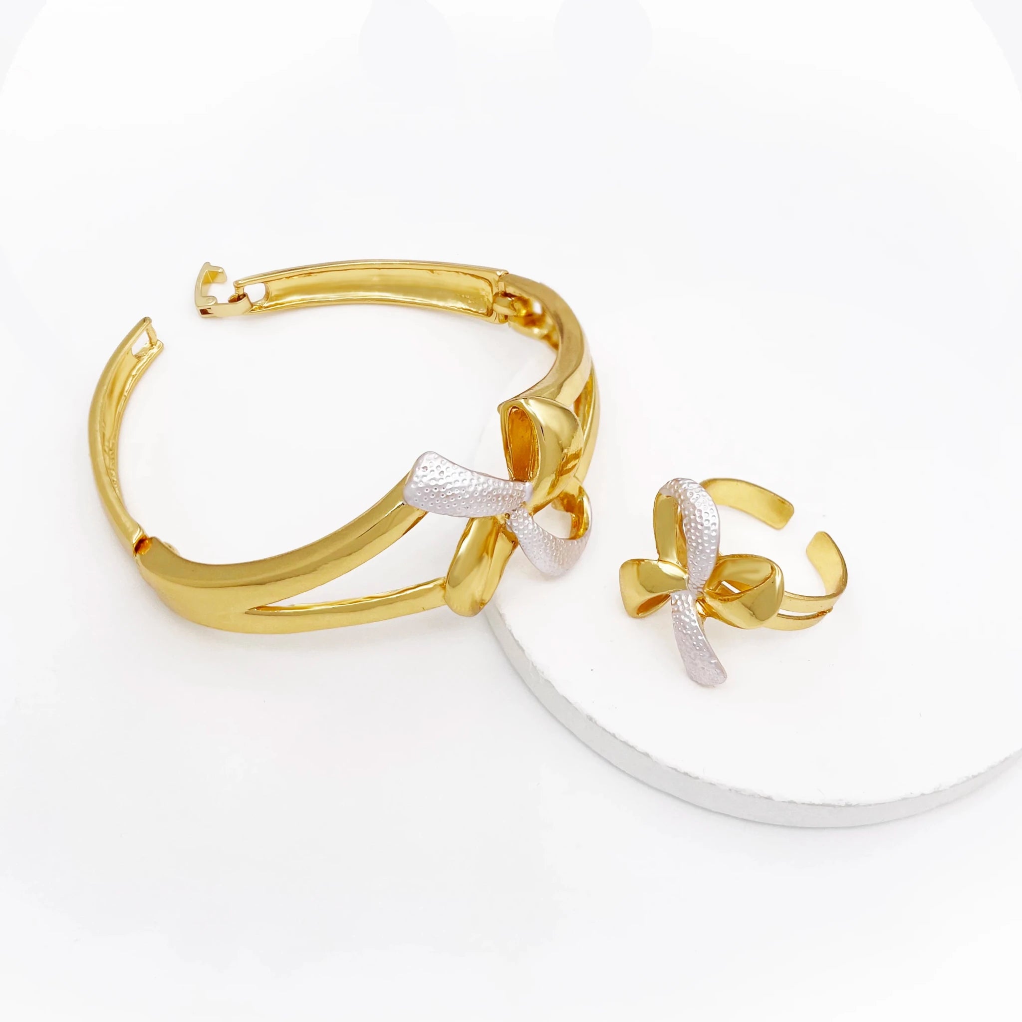 New Women Jewelry Two Tone Classic Design Necklace Set Long Drop Earrings Bracelet And Ring Full Set Jewelry Party Trending - Kenner House Emporium