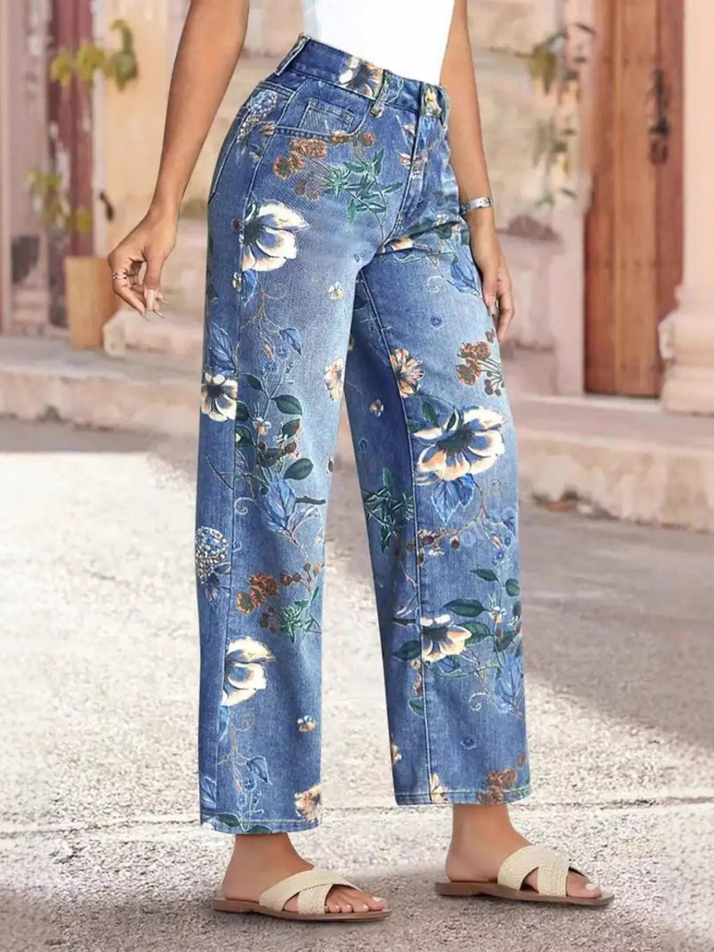 Floral Print Wide Leg Jeans - Kenner House Emporium