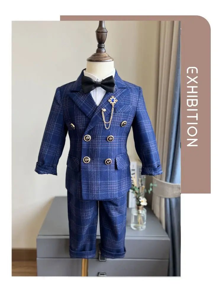 Child Spring Autumn Plaid Luxury Suit Set Boys Birthday Performance Photo Wedding Party Costume Kids Tuxedo Vest Pants Clothes - Kenner House Emporium