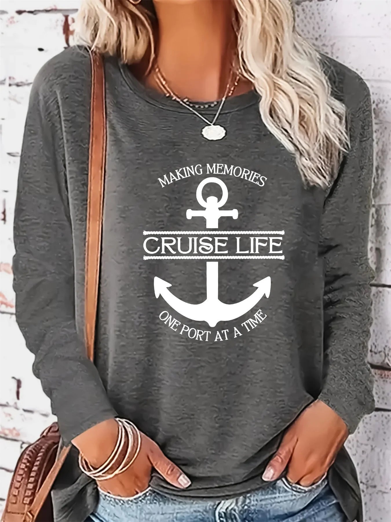 Women's Spring and Autumn 100% pure cotton fashionable casual loose cross letter pattern printed round neck long sleeved T-shirt - Kenner House Emporium