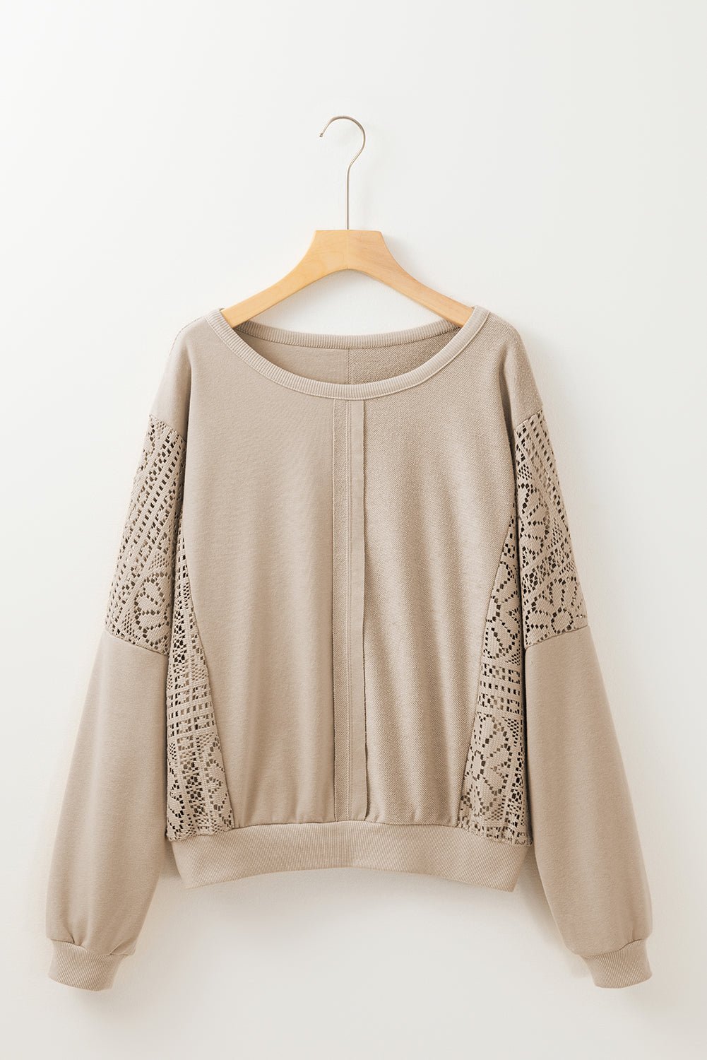 Parchment Crochet Patchwork Exposed Seam Ribbed Trim Sweatshirt - Kenner House Emporium