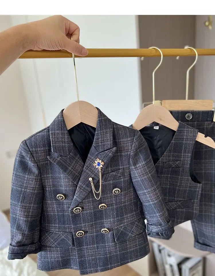 Child Spring Autumn Plaid Luxury Suit Set Boys Birthday Performance Photo Wedding Party Costume Kids Tuxedo Vest Pants Clothes - Kenner House Emporium