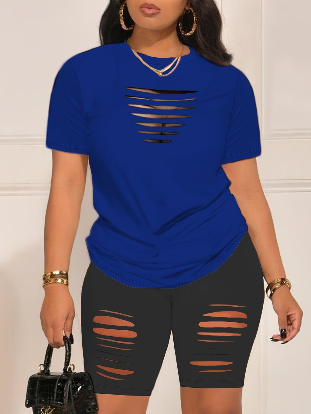 Summer Shorts Set - Pantsuits for Women, Crew Neck Short Sleeve Top & Shorts Outfits, Ripped Casual Clothing for Spring and Summer, Comfortable and Stylish Women's Clothing - Kenner House Emporium