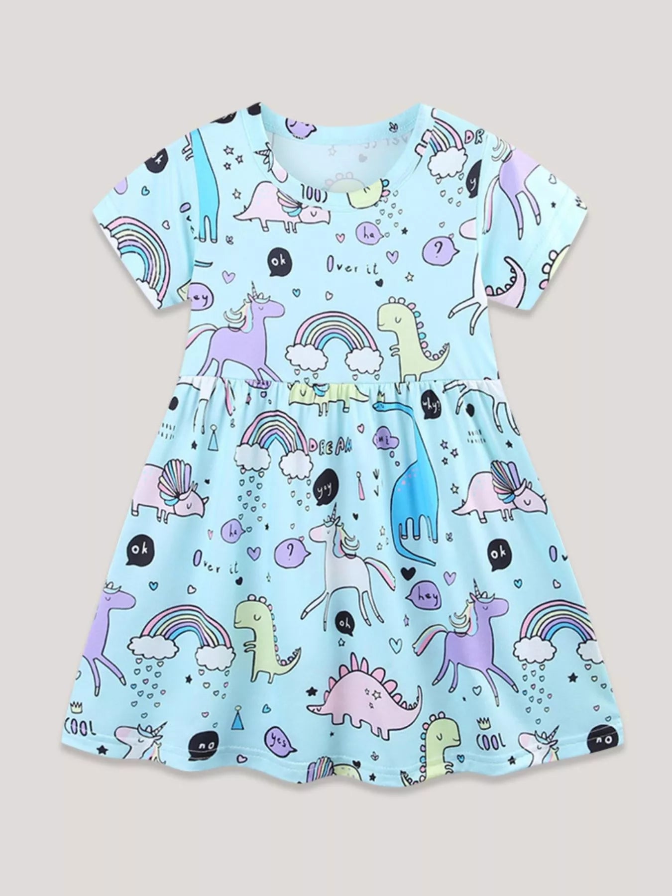 Children's Cute Cartoon Dinosaur & Unicorn Print Casual Dress - Kenner House Emporium