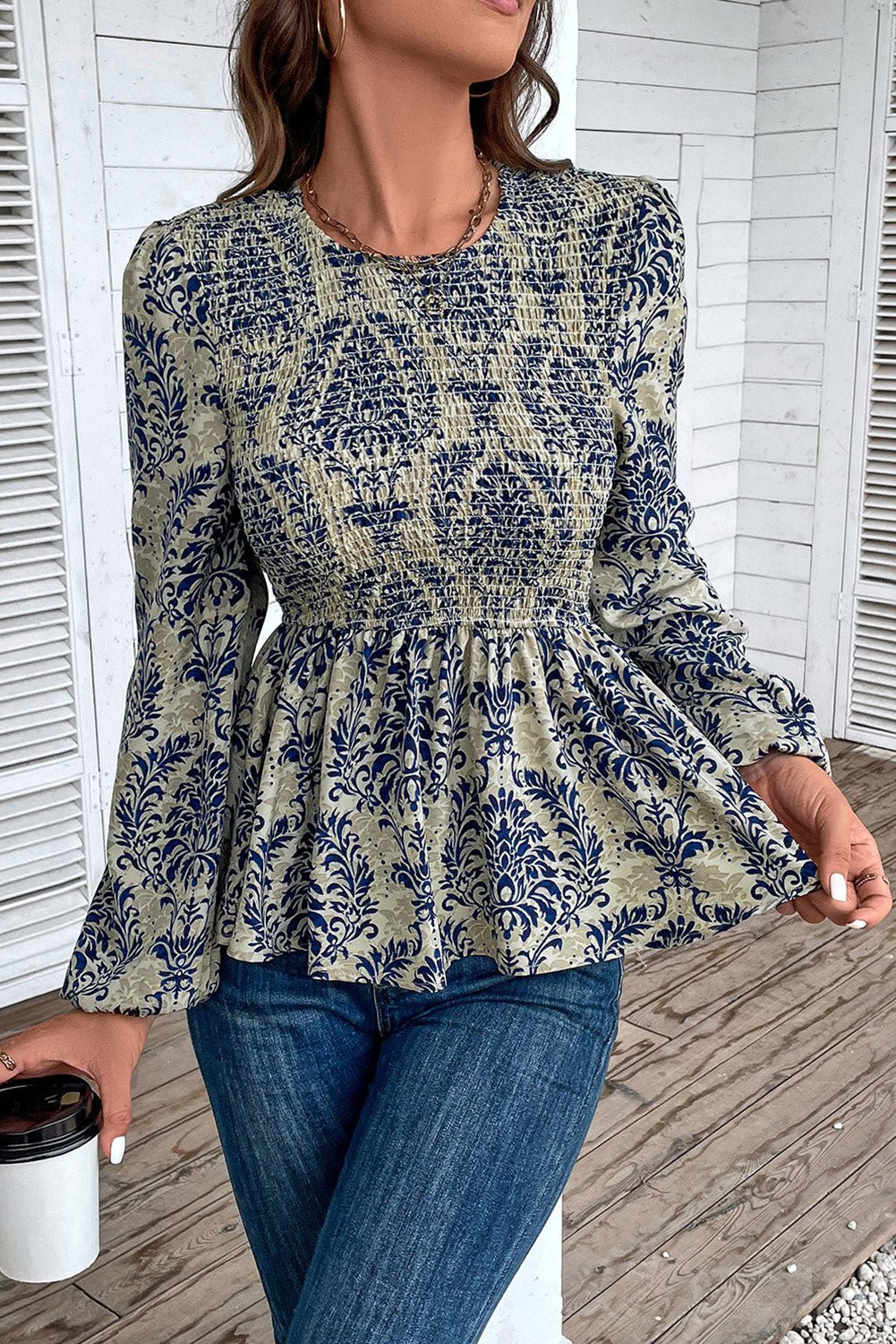 Sky Blue Ethnic Print Balloon Sleeve Smocked Peplum Blouse - Kenner House Emporium