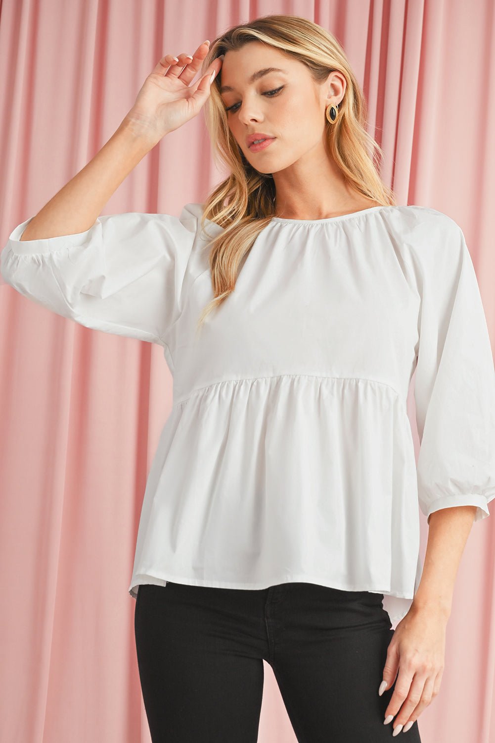 White Bow Knot Cutout Back Loose Fit 3/4 Sleeve Blouse - Kenner House Emporium
