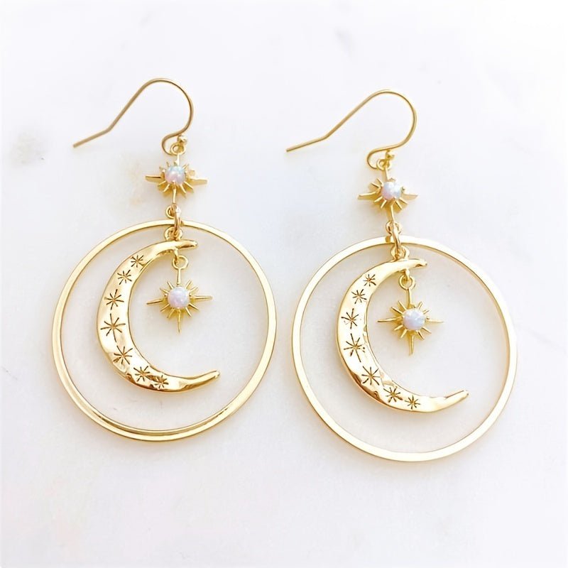 Elegant Boho - Chic Golden - Tone Moonstone Dangle Earrings for Women - Crescent Moon with Star Motifs, Zinc Alloy, Perfect for Daily Wear & Parties, Moon Earrings - Kenner House Emporium