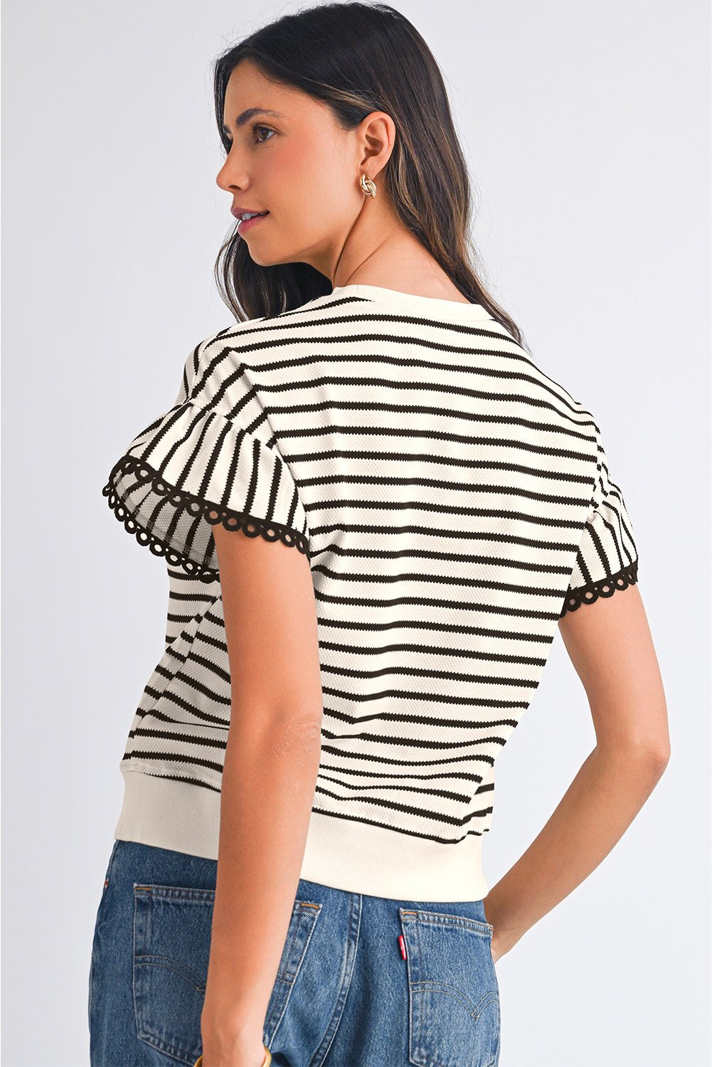 Black Stripe Scallop Lace Trim Ruffle Sleeves Crewneck Top - Kenner House Emporium