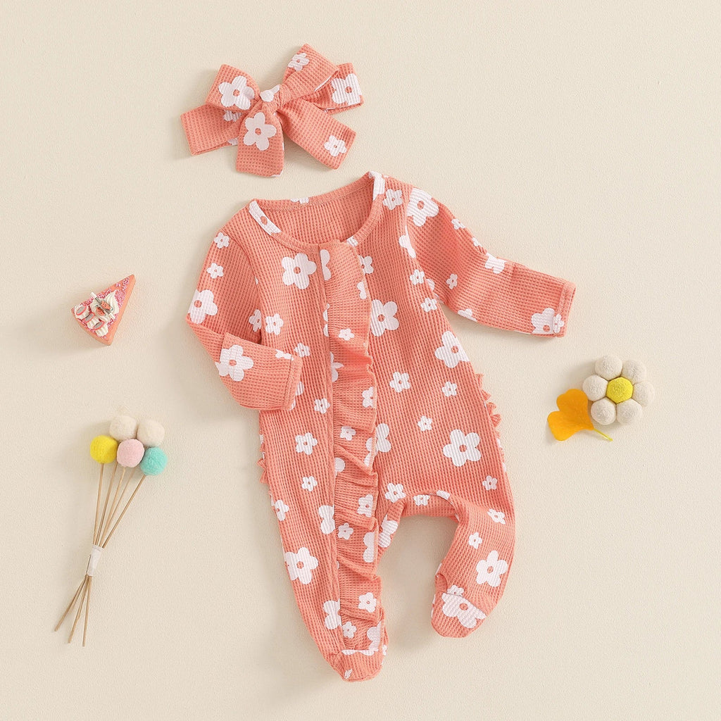 Toddler Baby Girls Floral Footies Jumpsuit and Headband Children Cotton Long Sleeve Frills Zipped Autumn Spring Kids Clothes - Kenner House Emporium