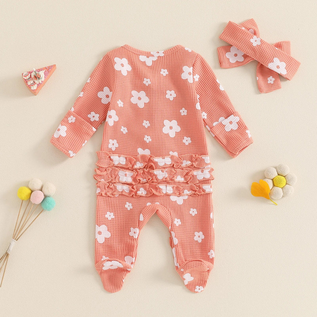 Toddler Baby Girls Floral Footies Jumpsuit and Headband Children Cotton Long Sleeve Frills Zipped Autumn Spring Kids Clothes - Kenner House Emporium