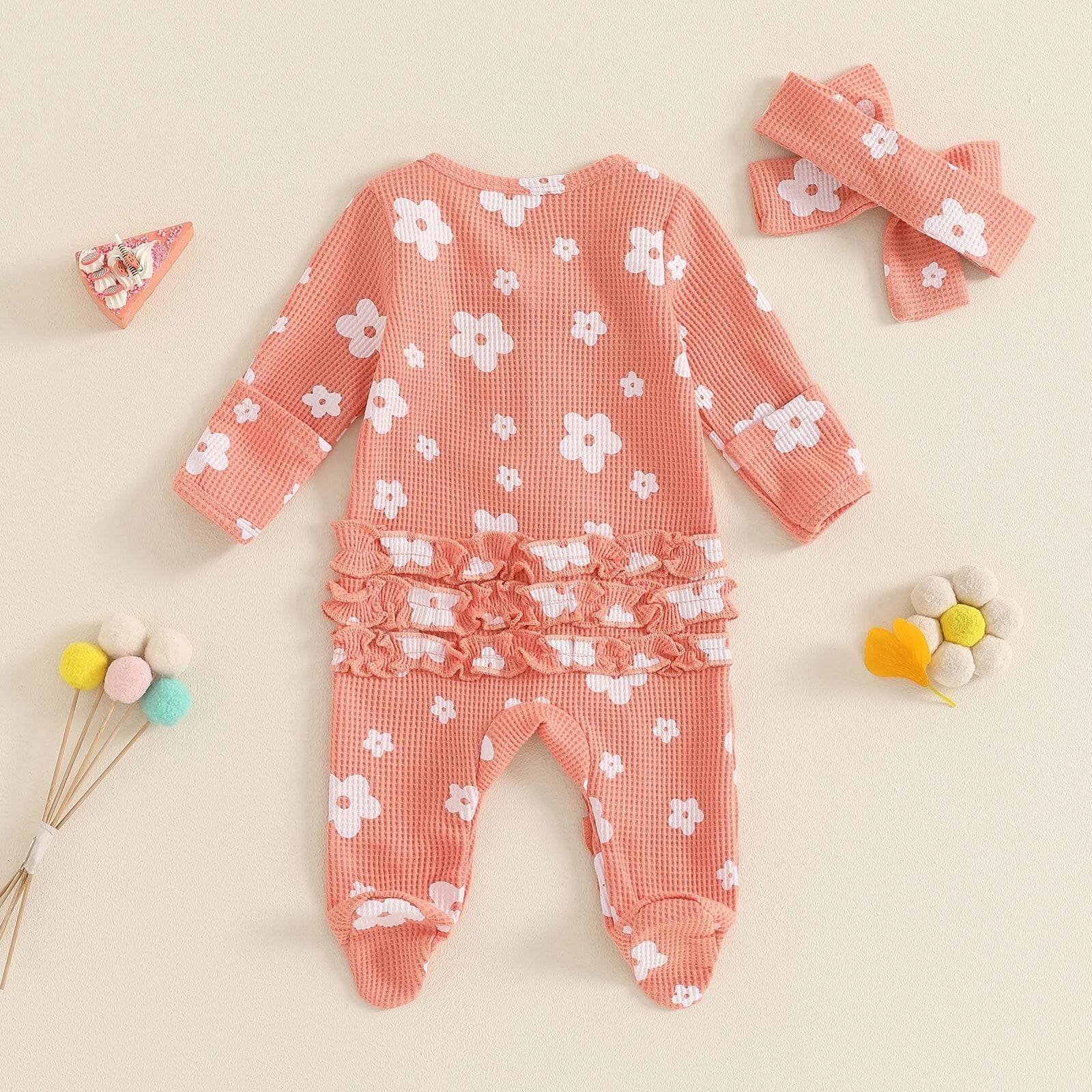 Toddler Baby Girls Floral Footies Jumpsuit and Headband Children Cotton Long Sleeve Frills Zipped Autumn Spring Kids Clothes - Kenner House Emporium