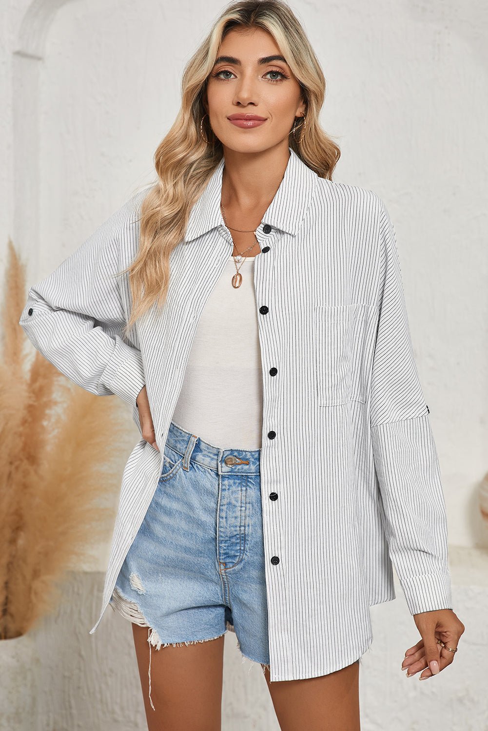 Black Stripe Roll - tab Sleeve Pocketed Tunic Shirt Shacket - Kenner House Emporium