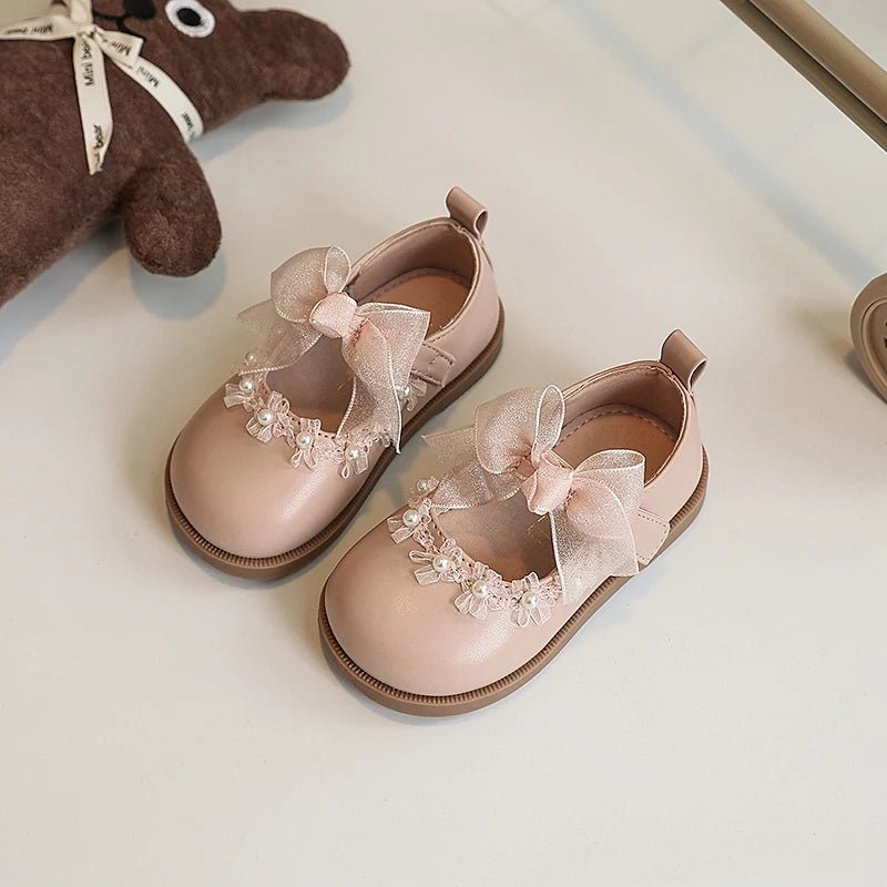 Baby Girls Leather Shoes for Wedding Party Princess Kids Flat Mary Janes Lace Bowtie with Beading 2025 Spring Children Flats New - Kenner House Emporium
