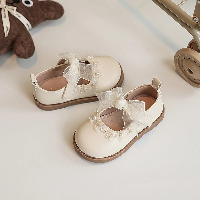 Baby Girls Leather Shoes for Wedding Party Princess Kids Flat Mary Janes Lace Bowtie with Beading 2025 Spring Children Flats New - Kenner House Emporium