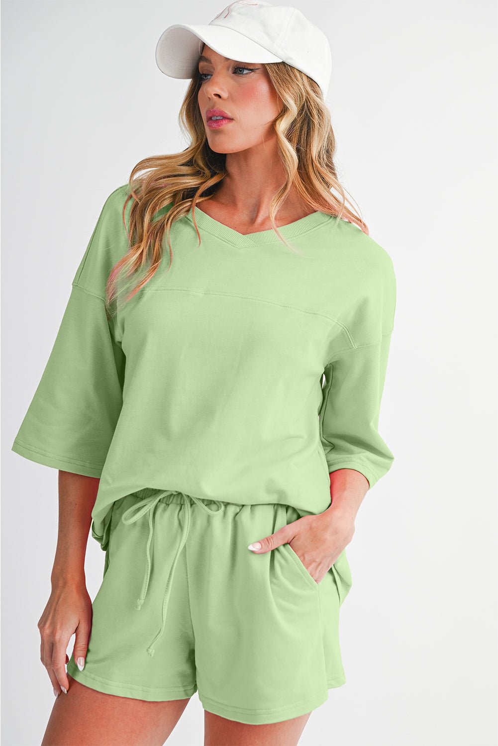 Meadow Mist Green Loose V Neck Tee and Drawstring Shorts Set - Kenner House Emporium
