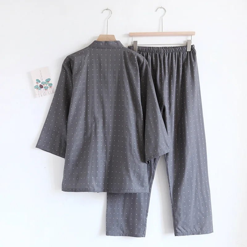 Kimono Robes Pajamas Set for Spring Autumn and Summer Thin Men's Cotton Loose Fit Large Size Half Sleeve Sleepwear Set - Kenner House Emporium
