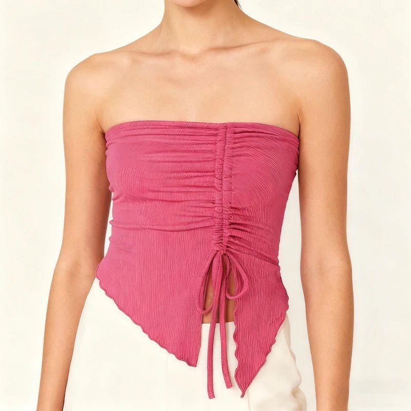 Spring Summer Y2K Women's Strapless Sleeveless Tube Top Mesh Ruched Side Asymmetrical Lace up Bandeau Cami Tank Tops Streetwear - Kenner House Emporium