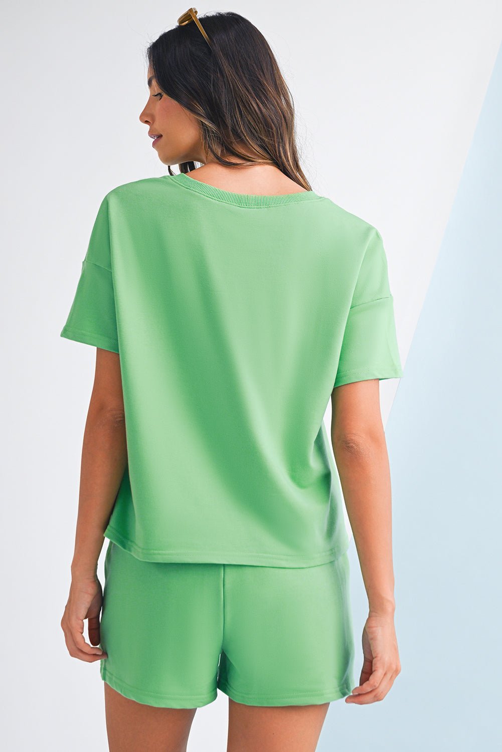 Mint Green V Neck Drop Shoulder Tee and Patchwork Shorts Set - Kenner House Emporium