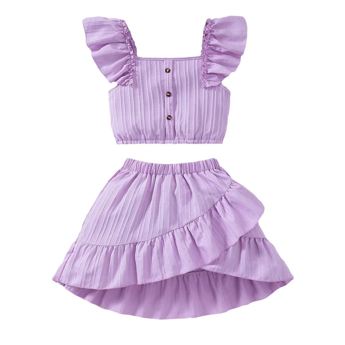 Kid Girls Summer Princess Clothing Set Flutter Sleeve Plain Color Tops+Short Skirt Sweet Style Party Wear For Child 8 - 12 Years - Kenner House Emporium