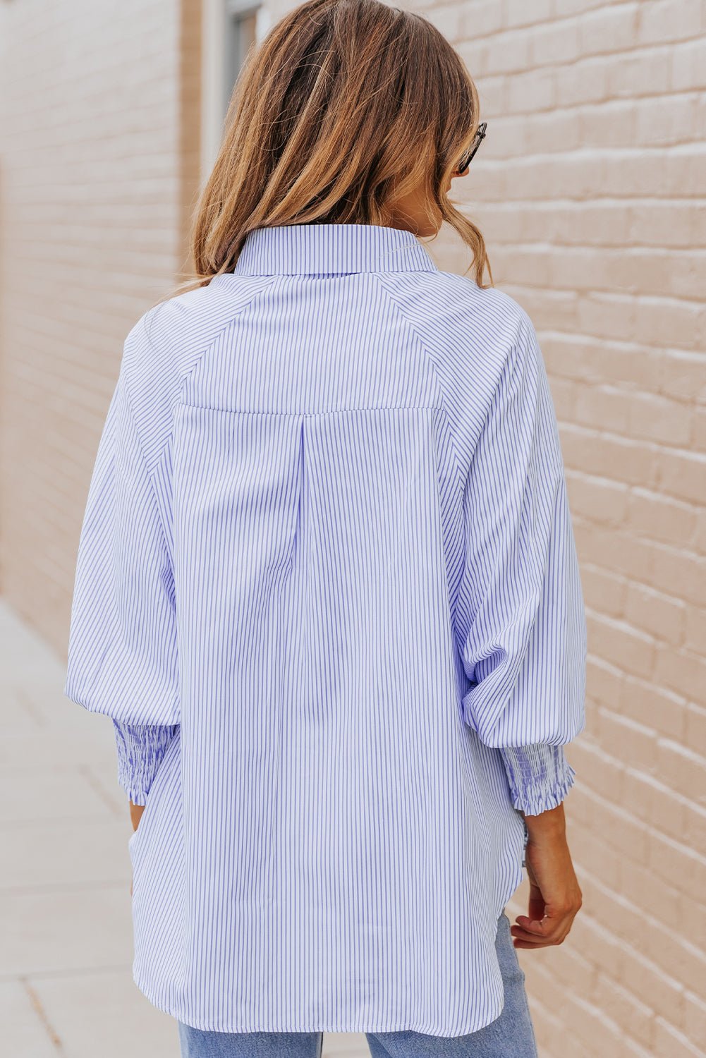 Light Blue Casual Striped Shirred Cuffs Shirt - Kenner House Emporium