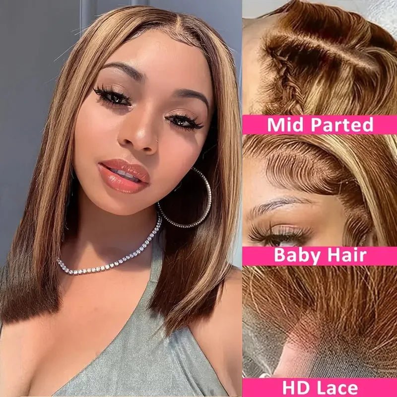 100% Human Hair Wigs 13x4 Lace Human Hair Lace Frontal Wig Ready Wear Bob Wigs 220Density For Black Women 4/27 Color Gold - Kenner House Emporium