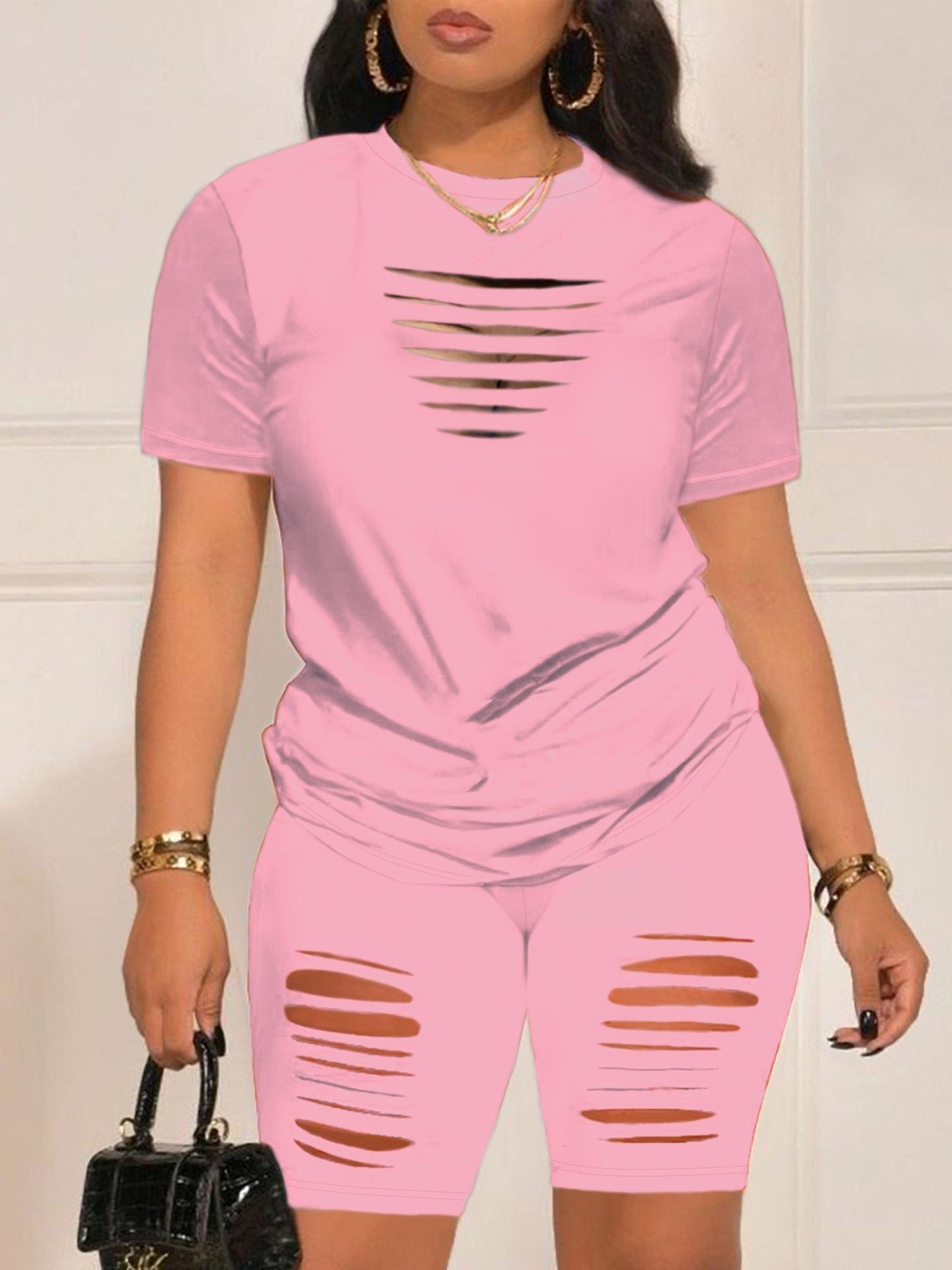Summer Shorts Set - Pantsuits for Women, Crew Neck Short Sleeve Top & Shorts Outfits, Ripped Casual Clothing for Spring and Summer, Comfortable and Stylish Women's Clothing - Kenner House Emporium