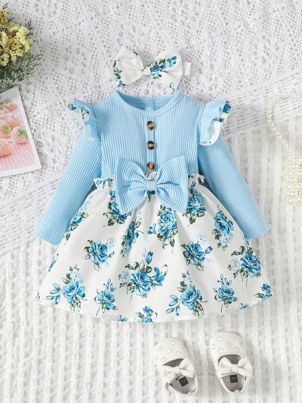 New Baby Girl Spring And Autumn Simple Daily Flower Print Long Sleeved Big Bow Cute Dress Headband - Kenner House Emporium
