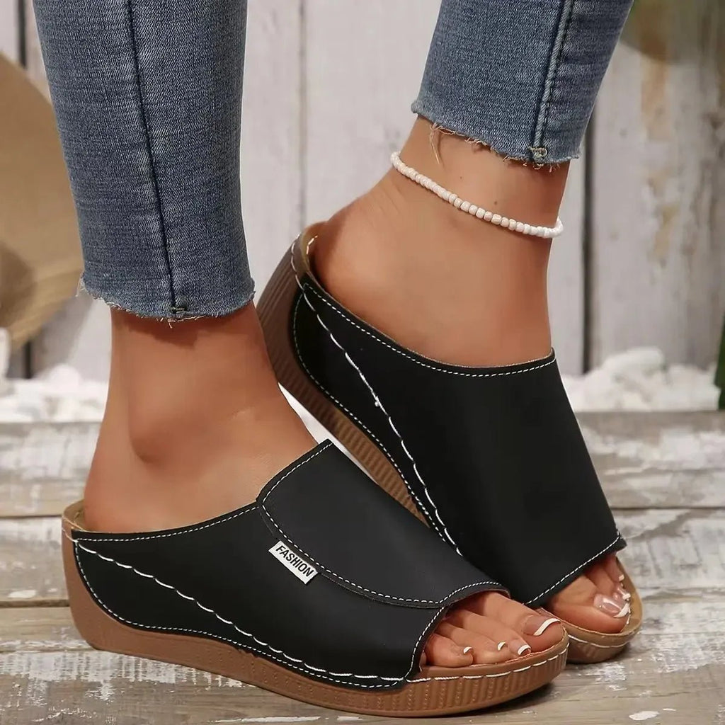 Ladies wear wedge heel sandals, solid color open toe thick soled shoes, summer comfortable slippers, ventilated and easy to wear - Kenner House Emporium