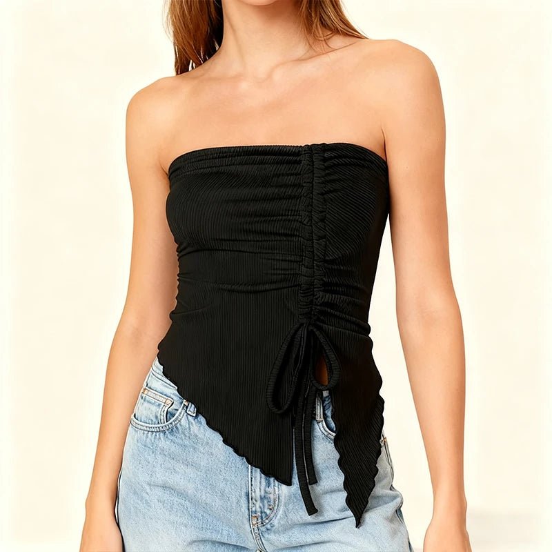 Spring Summer Y2K Women's Strapless Sleeveless Tube Top Mesh Ruched Side Asymmetrical Lace up Bandeau Cami Tank Tops Streetwear - Kenner House Emporium