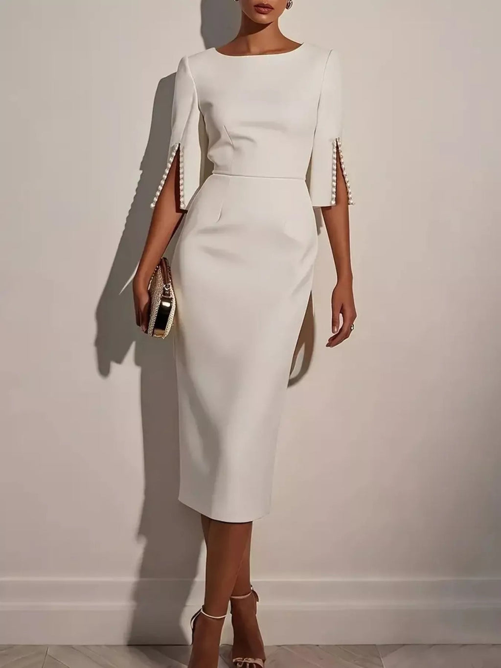 Slim - Fit Elegant Midi Dress with Beaded Slit Sleeve - Kenner House Emporium