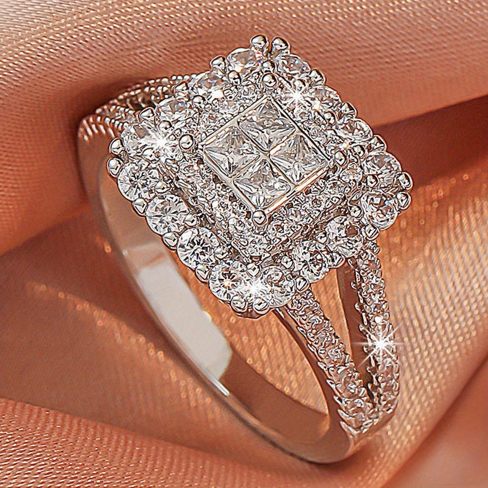 Large multi row white Synthetic Zirconia, fashionable, stylish, and atmospheric. Couples, lovers, gifts, wedding rings, Holiday Accessories, Couple Jewelry, Elegant Rings, Stylish Jewelry, Plated Rings, Highquality Finish, St - Kenner House Emporium