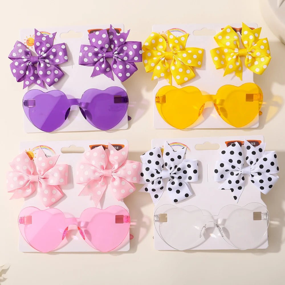 3Pcs/Pack Solid Dot Hair Bows Clip Girls Boutique Bowknot Hair Clips Kids Colorful Heart Sun Glasses Children Hair Accessories - Kenner House Emporium
