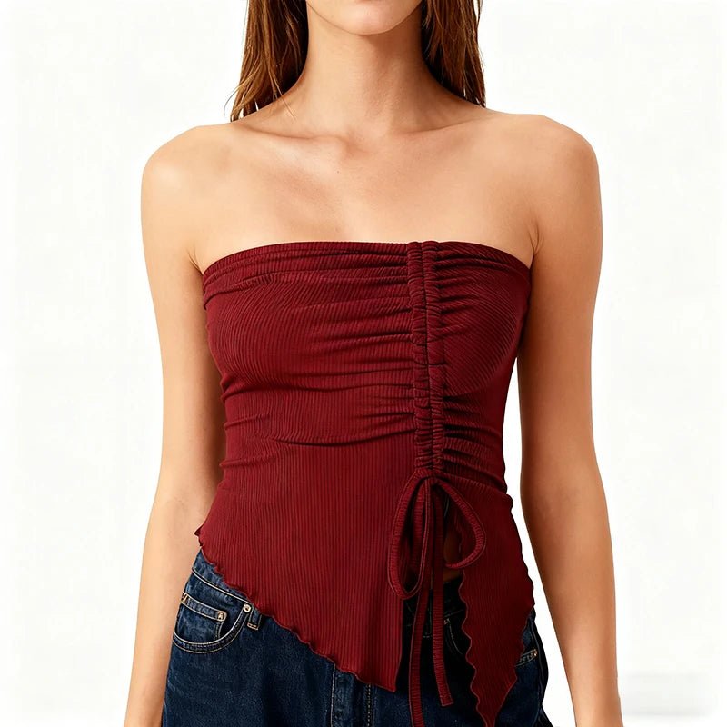 Spring Summer Y2K Women's Strapless Sleeveless Tube Top Mesh Ruched Side Asymmetrical Lace up Bandeau Cami Tank Tops Streetwear - Kenner House Emporium