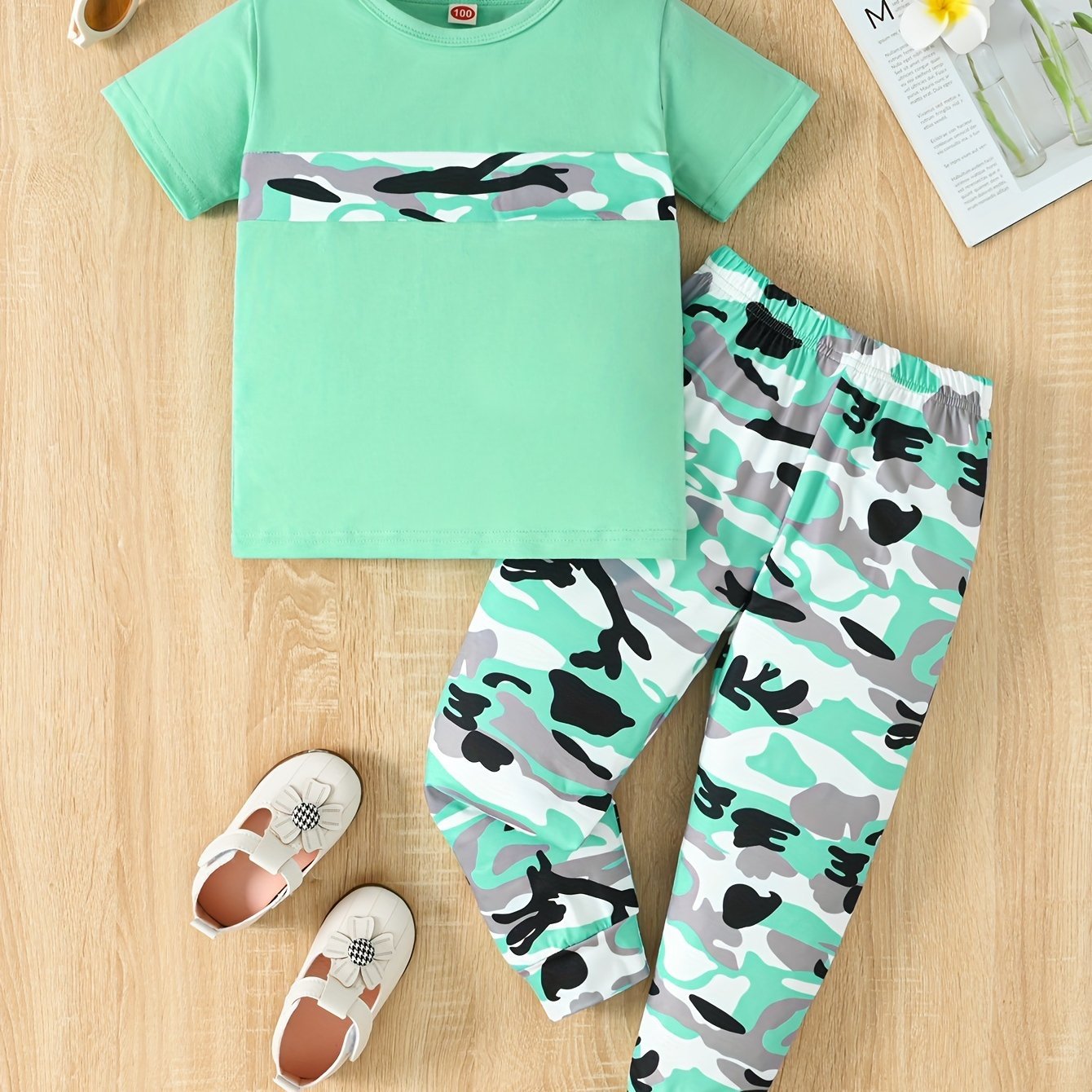2pcs Girls' Camo Pattern Outfits Set - Casual Short Sleeve T-shirt + Pants, Machine Washable Polyester with Slight Stretch - Spring/Summer/Fall Essentials | Color Block Design | Random Printing - Kenner House Emporium